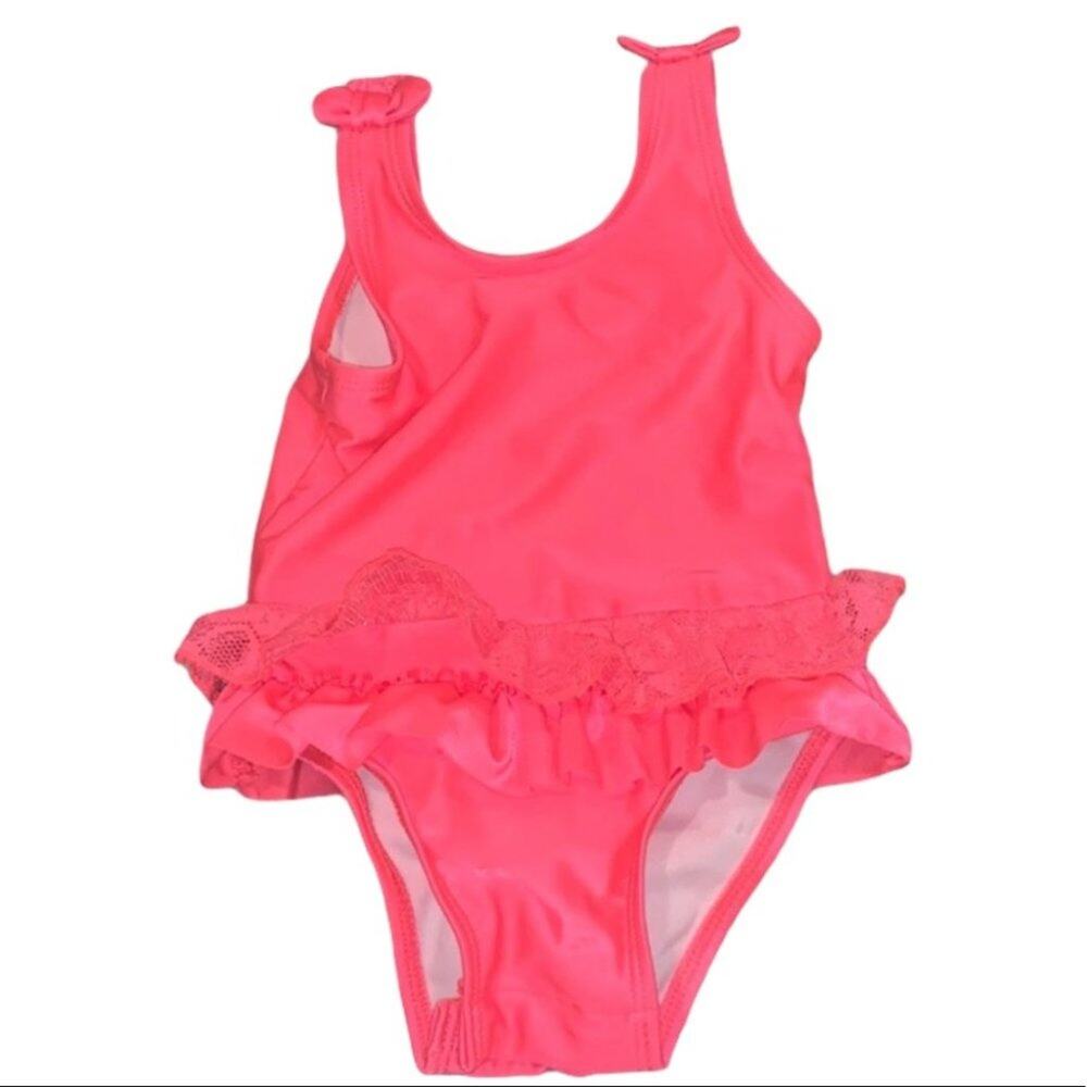 Neon pink one piece swimsuit w/ lace ruffle skirt and bows snaps 9 month